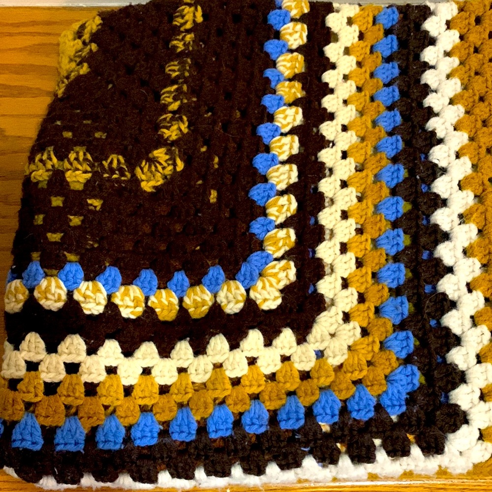 Vintage Crochet Knitted Throw Blanket | Mustard Yellow Blue & Brown Decor Colors - Picture 7 of 8